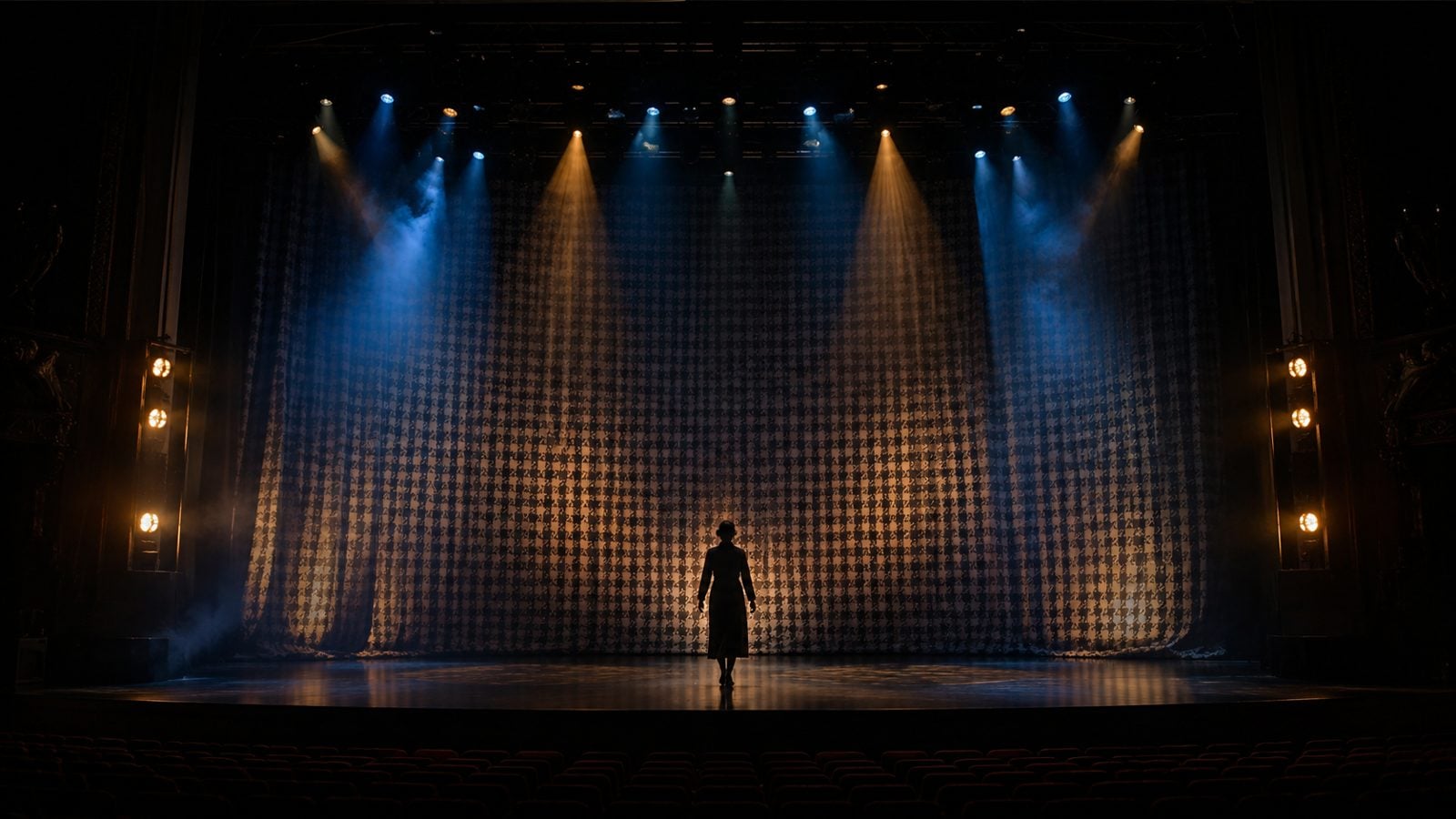 Custom printed stage scrim and black masking rigged on a theatrical stage lit in warm gold