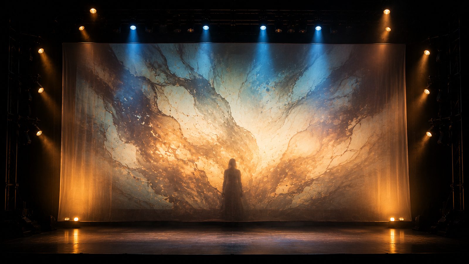 Rear-projection screen scrim stretched flat on a stage showing a bright projected image from behind