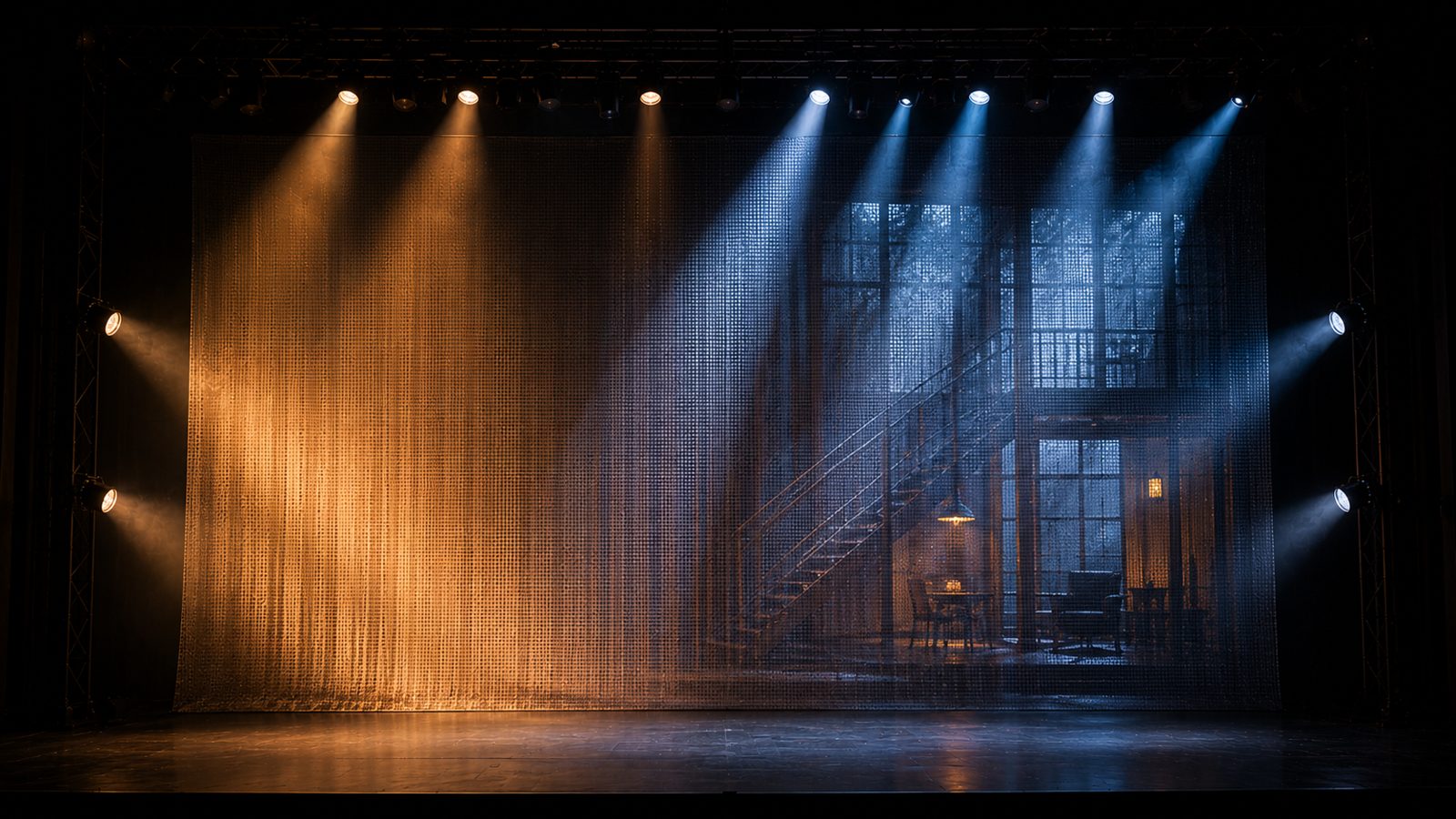 Black sharkstooth scrim gauze hung on a theater stage, opaque when front-lit and transparent when back-lit
