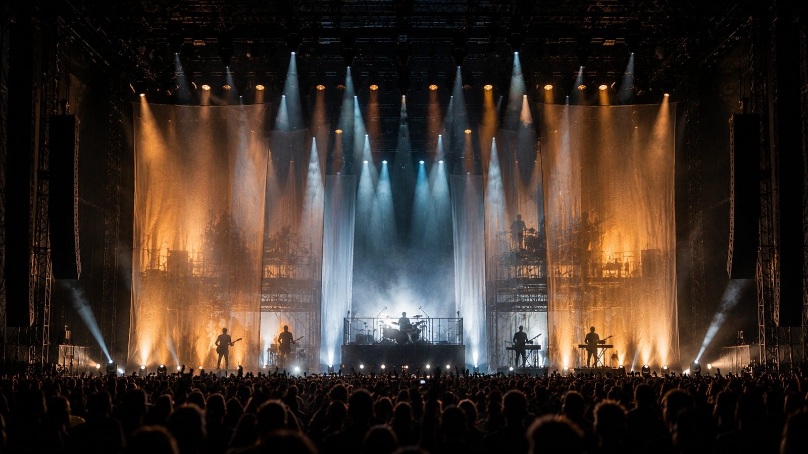 Printed cyclorama and stretch scrim scenery on a concert touring stage
