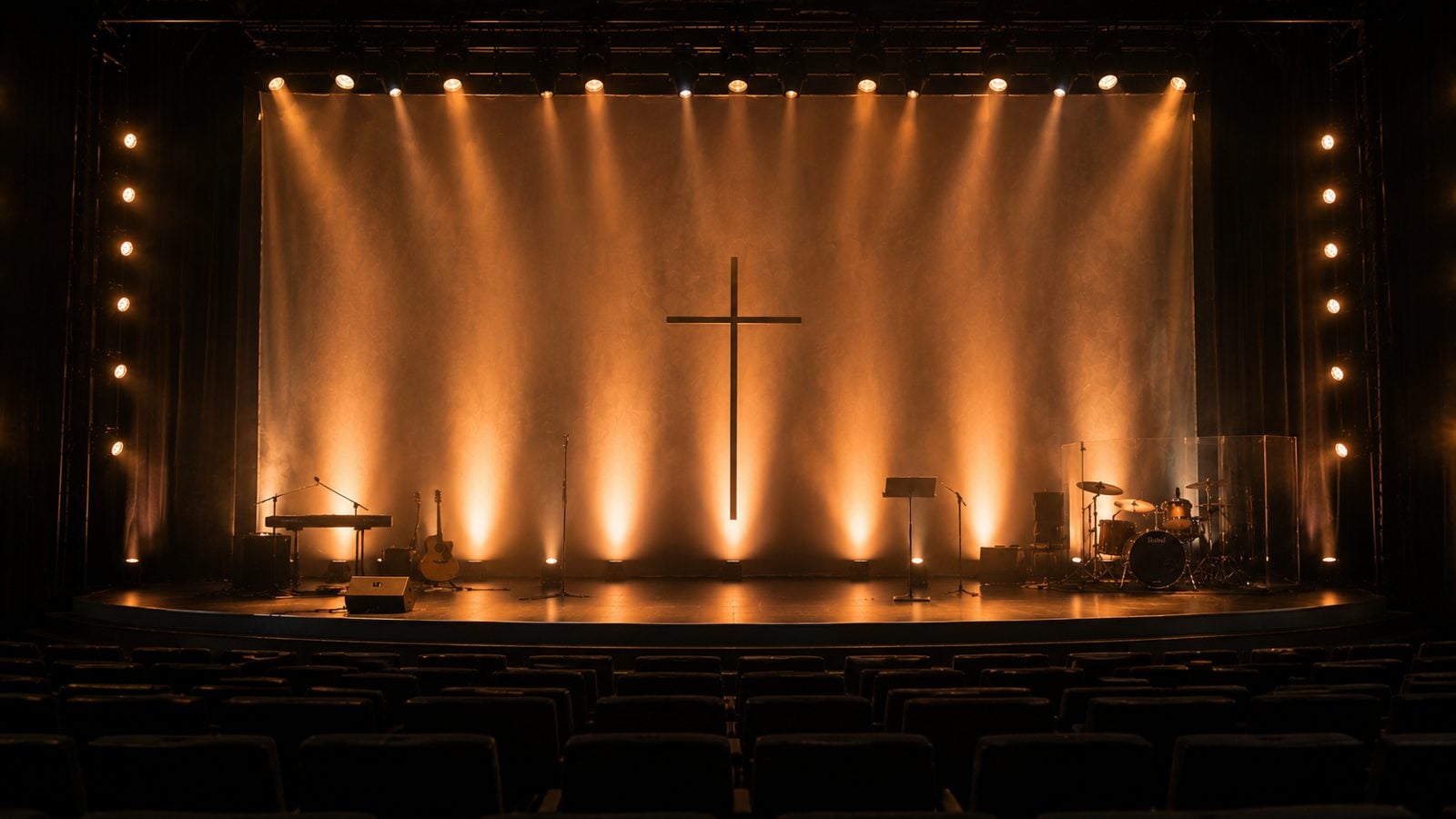 Seamless muslin backdrop and printed cyc on a house-of-worship platform stage
