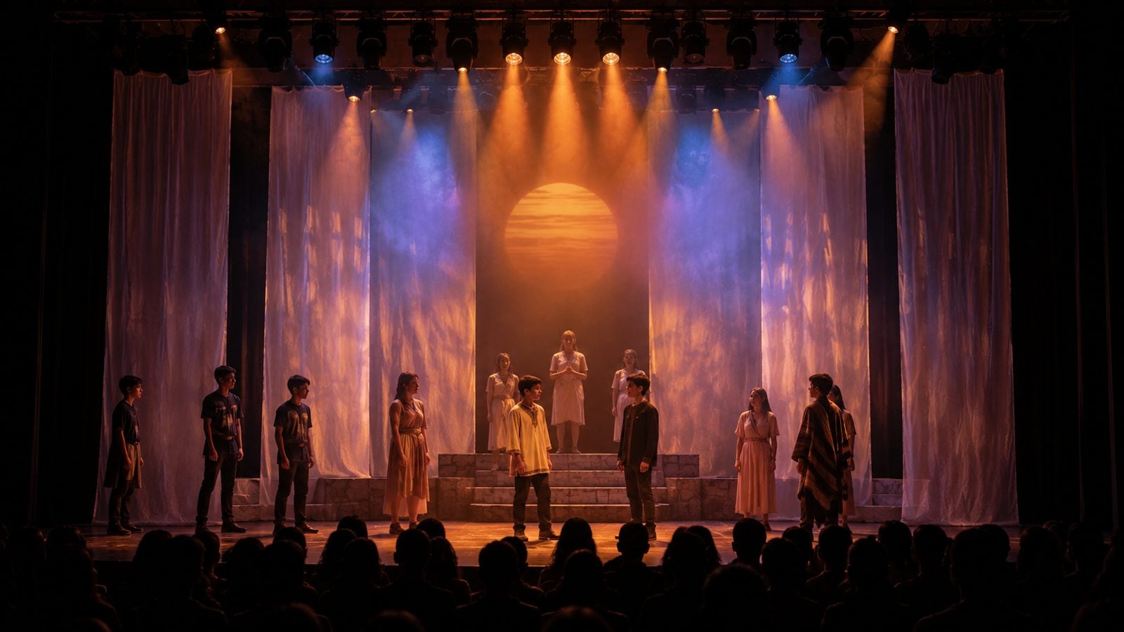 Muslin backdrop and stage masking in a school auditorium theater