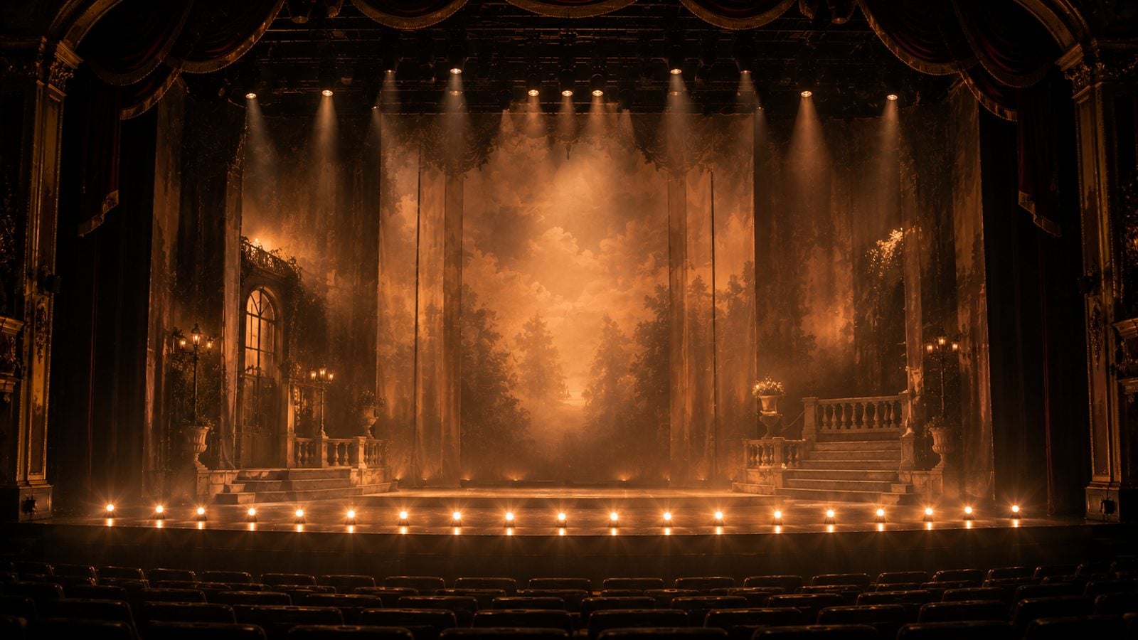Sharkstooth scrim and black masking rigged on a proscenium theater stage