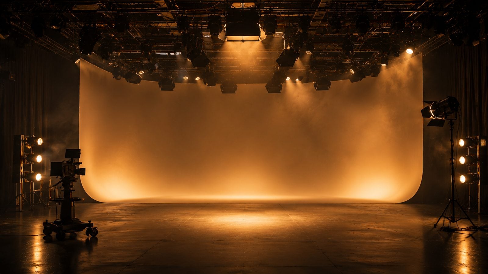 Black void drape and rear-projection scrim on a film studio soundstage